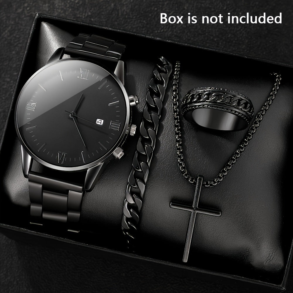 Stylish Men's 4-Piece Fashion Set: Chic Black Quartz Watch featuring Calendar, Cross Pendant Necklace, Ring, and Bracelet - Ideal Present for Him, Sophisticated Jewelry Ensemble