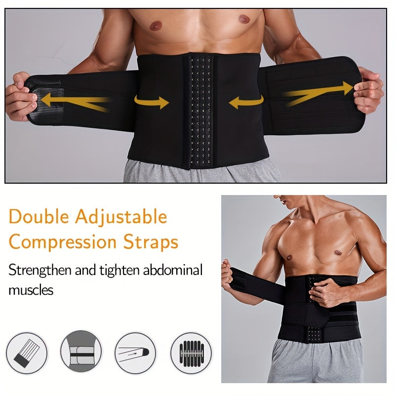 Men's neoprene waist trainer with tummy sheath, sauna body shaper belt, medium stretch, solid color, sports style, includes belt.