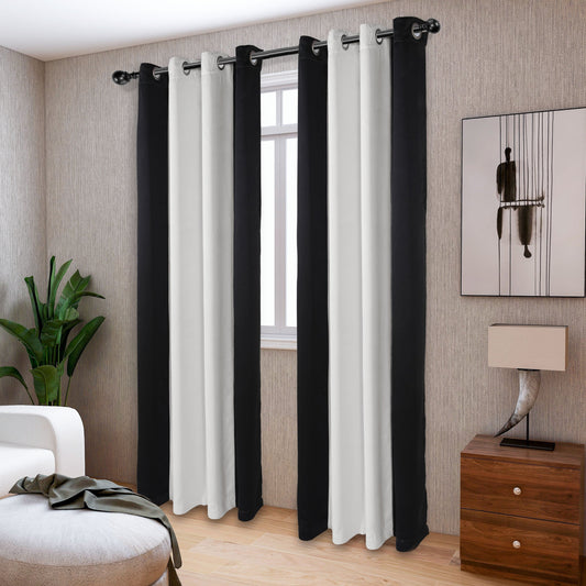 Stylish blackout curtains in two-tone color blocking design for both living room and bedroom use - ideal for enhancing room and home decor.