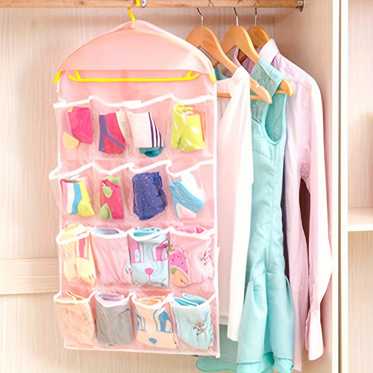 Vibrant 16-pocket hanging organizer for socks, underwear, and small items made of durable polyester with mesh pockets, perfect for bedroom or living room.