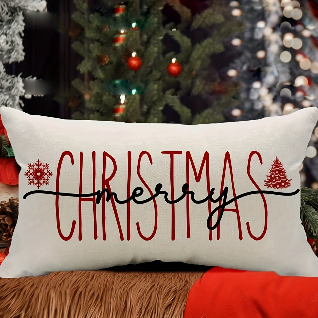 Modern Linen Throw Pillow Cover featuring a festive "Merry Christmas" design with snowflake and tree motifs. This zippered pillow cover is washable and showcases a contemporary style, made from polyester material. Perfect for various room types