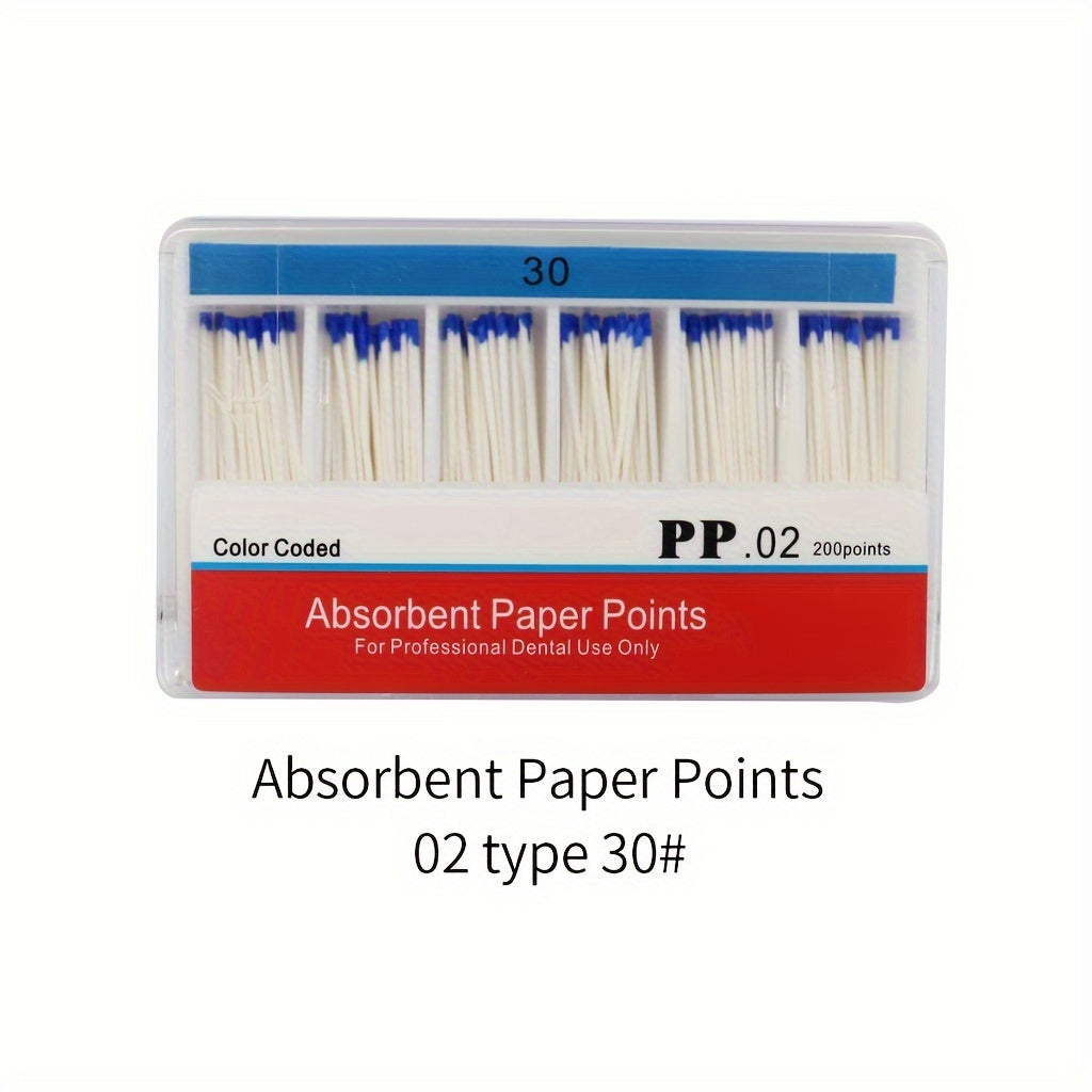 200 Model Taper 02 Absorbent Paper Points in sizes 15, 20, 25, 30, and 40.