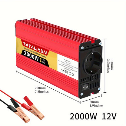 High-power 12V to 220V car inverter with 2500W-600W capacity, ideal for charging phones and tablets.