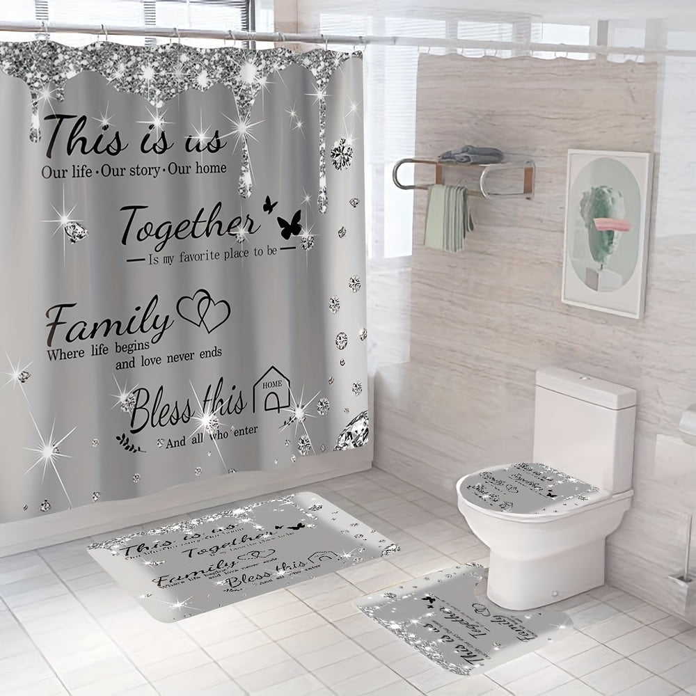 Set of 4 gray shower curtains with diamond letter print, bath mats, non-slip carpet, toilet lid cover, and bathtub partition for luxurious bathroom decor.