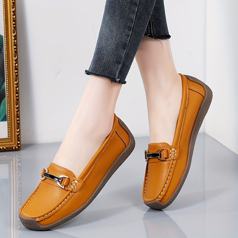 Women's metal decor loafers, casual slip-on flat shoes with lightweight faux leather material.