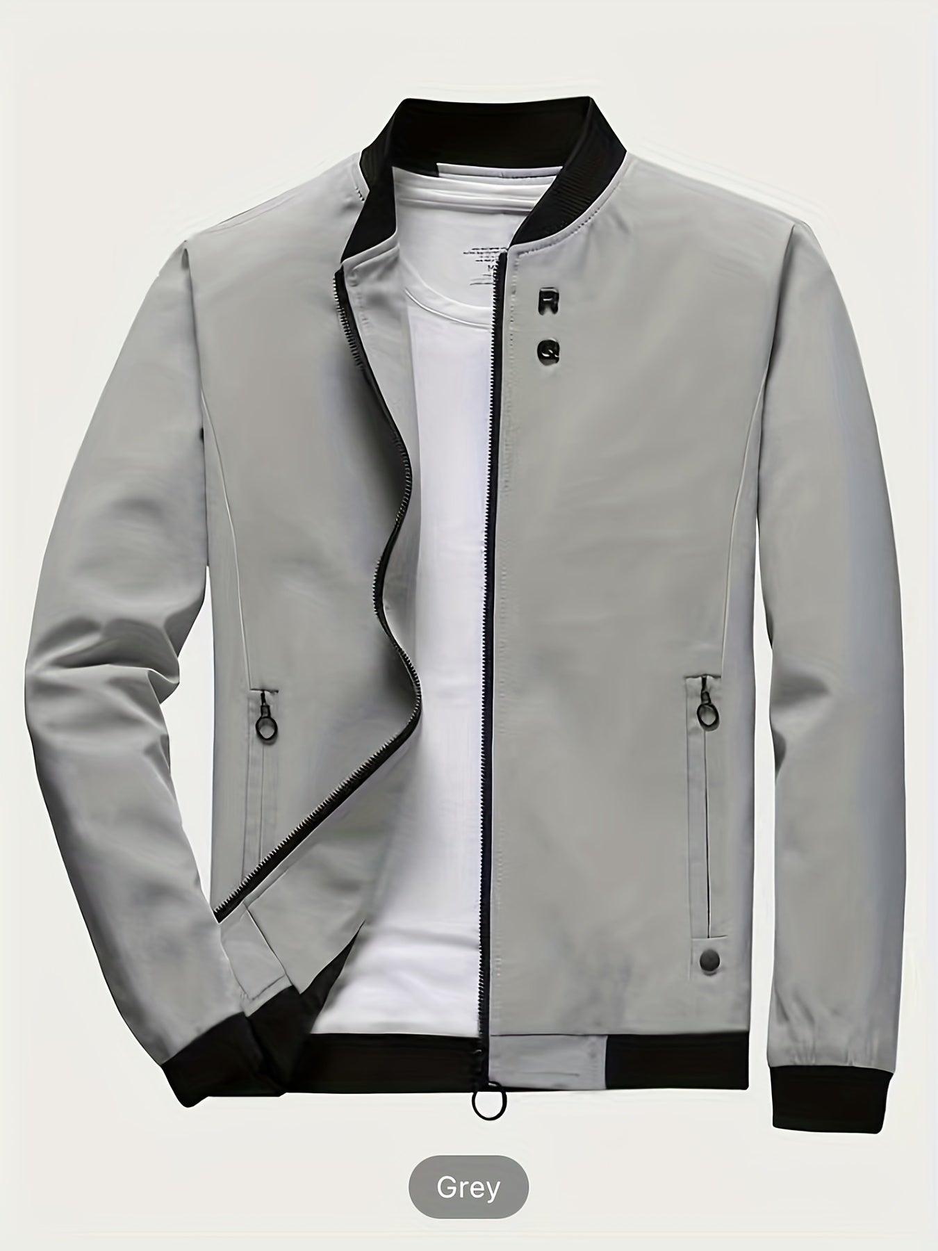 Casual long-sleeved jacket with zip, stand collar, pockets, and slim fit; ideal for spring and autumn.