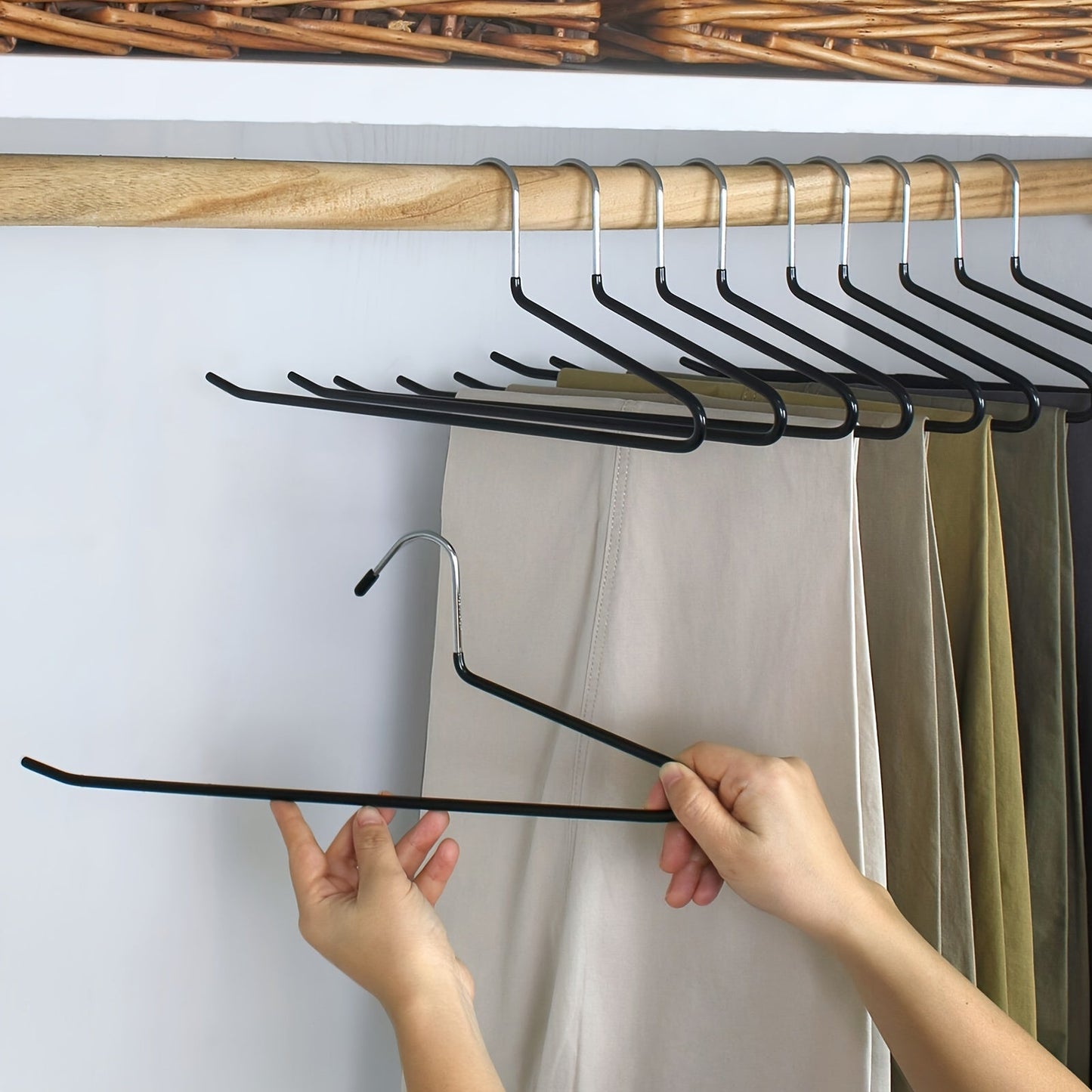 Set of 10 stainless steel hangers with standard design - Save space and prevent slipping with this non-slip pants rack. Organize your closet with these durable hangers designed for trousers, skirts, and dresses. Features a no trace integrated clamping