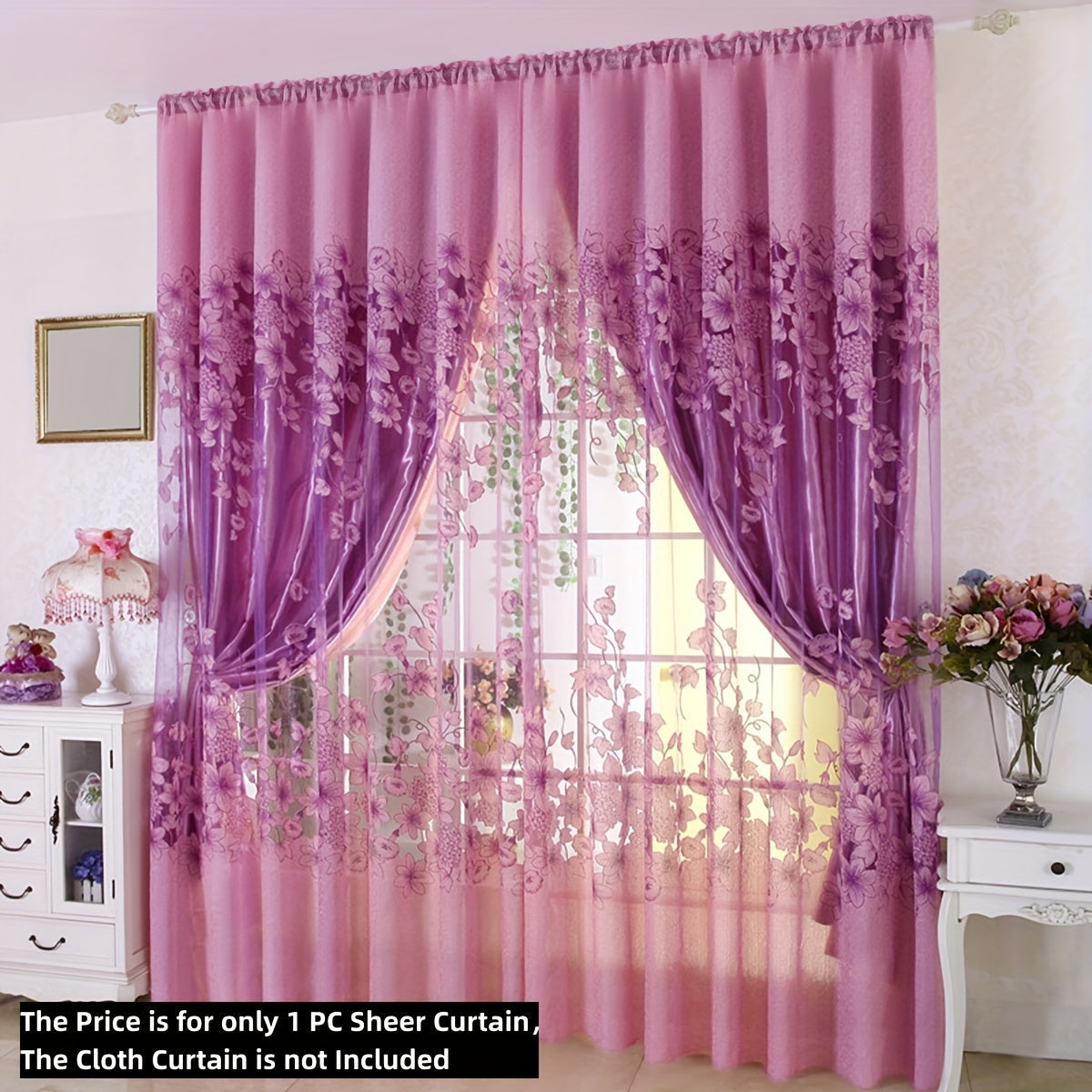 Sheer Curtain with Flower Pattern, Pastoral Morning Glory Design, Single Layer Thin Sheer Curtain with Rod Pocket, Ideal for Living Room and Bedroom Decor