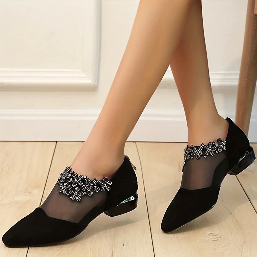 Rhinestone mesh low heels with pointed toe, back zipper, and chunky heel sandals.