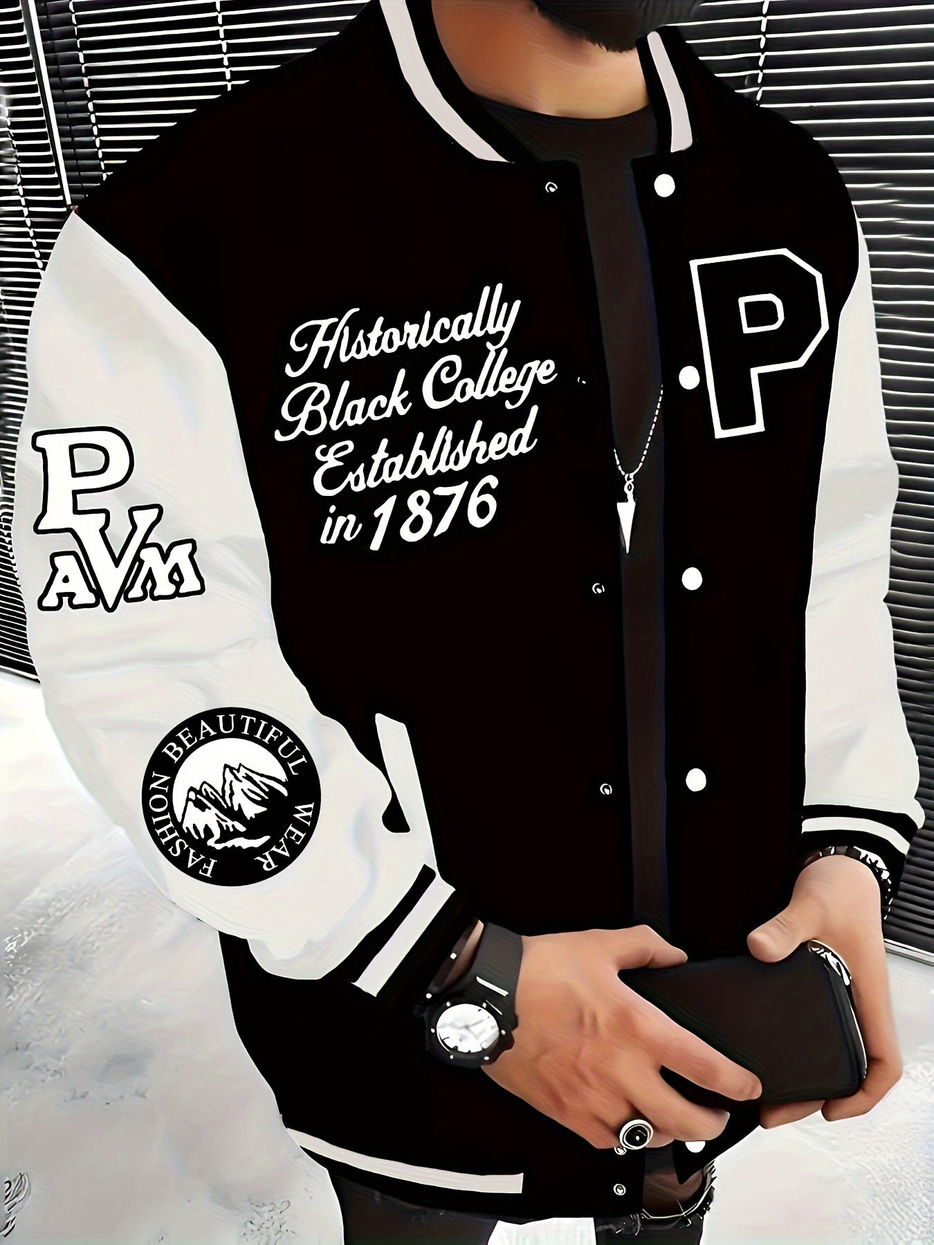 NYC-inspired Varsity Jacket for Men in Black and Beige, Polyester, Snap Closure, Baseball Collar, Machine Washable, PLUS SIZE