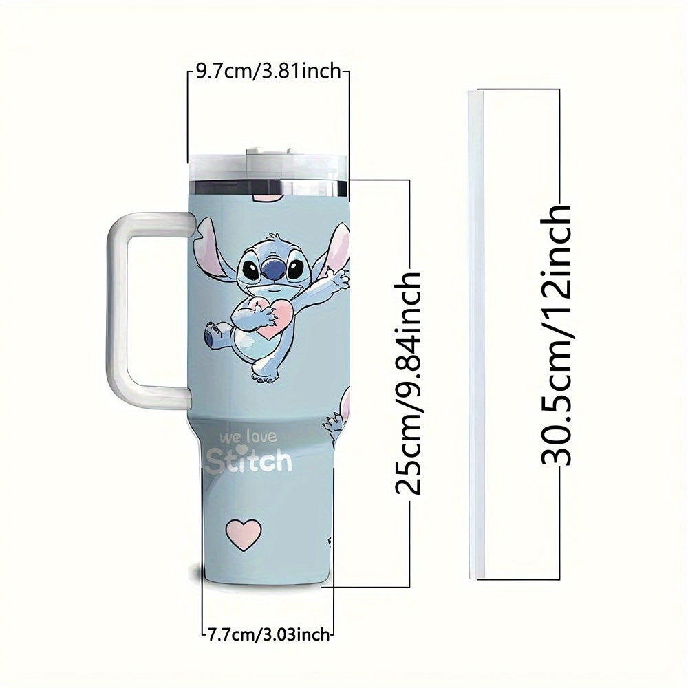 Disney Stitch 40oz stainless steel water bottle with lid and straw, leak resistant, double walled vacuum insulated, large capacity, perfect for travel.