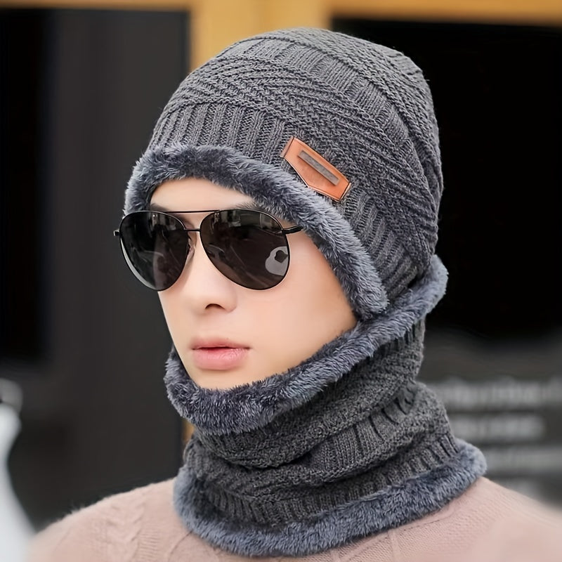 Men's Winter Outdoor Pullover Plaid Warm Knitted Hat with Plush Thickened Scarf, 1 piece