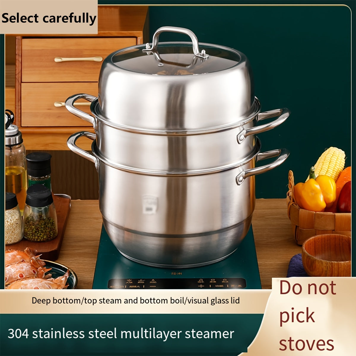 This multi-layer steamer set is made of high-quality stainless steel and comes with 2 or 3 layers, offering a large capacity for all your cooking needs. With a thick bottom, it is suitable for use on both induction cookers and gas stoves. Made from