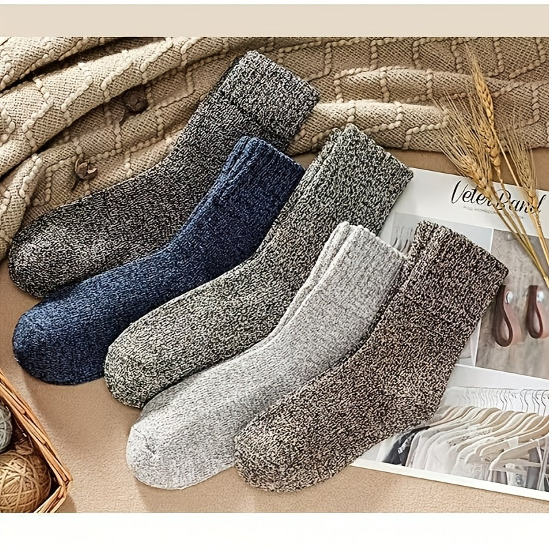 3 or 5 pairs of men's thick warm terry crew socks in solid colors for winter