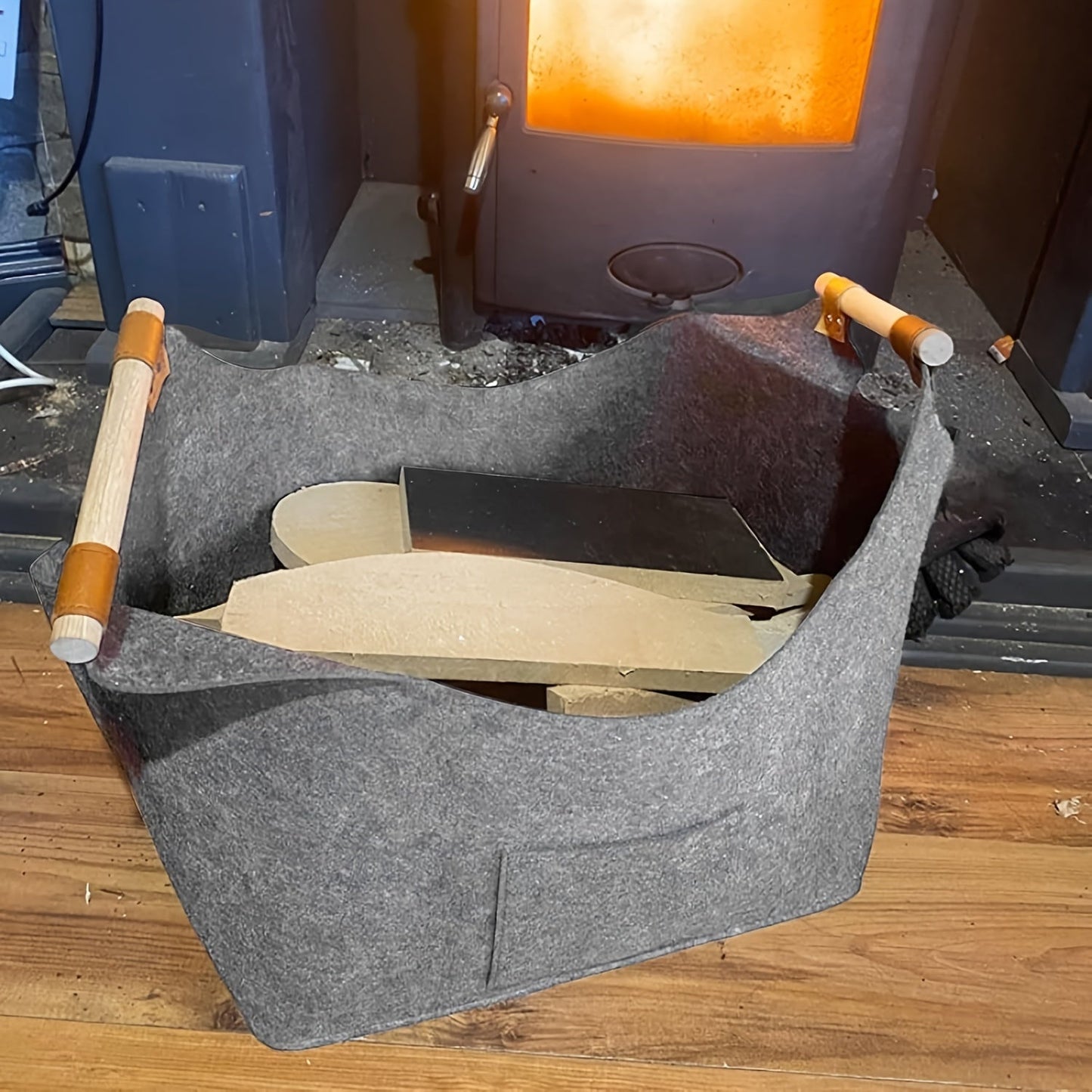 Set of 2 Large Firewood Baskets with High Capacity, Thick Felt Material, Sturdy Wooden Handles, Sleek Dark Gray Design, Fireplace Wood Storage Solution with Convenient Pockets, Essential Home Heating Accessories