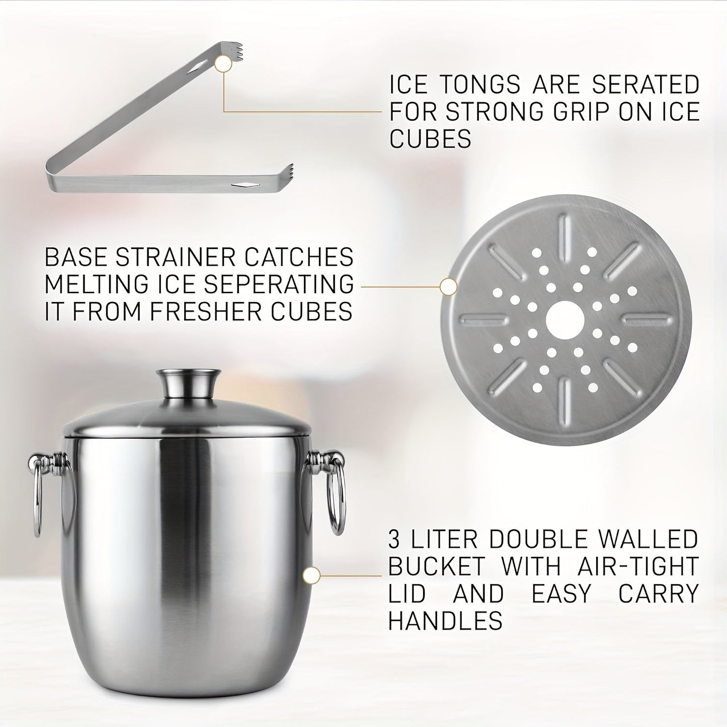 Large 3L Stainless Steel Double-Walled Ice Bucket with Lid, Strainer & Tongs - Ideal for Outdoor Gatherings, Bars, and Parties