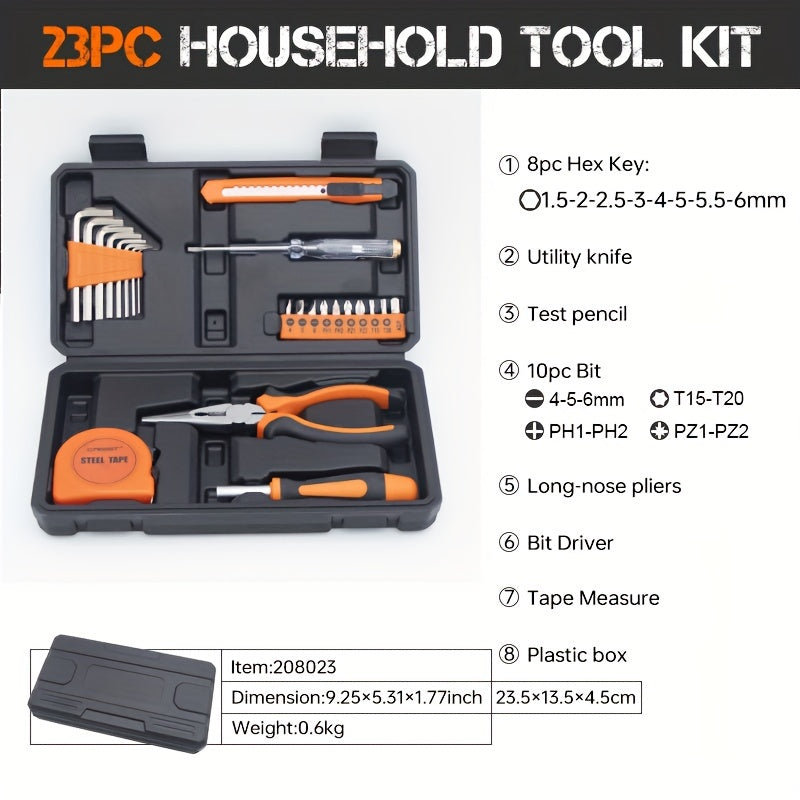 23-piece home repair tool kit in plastic case, multi-functional hand tools for household maintenance, manual hardware tools without battery.