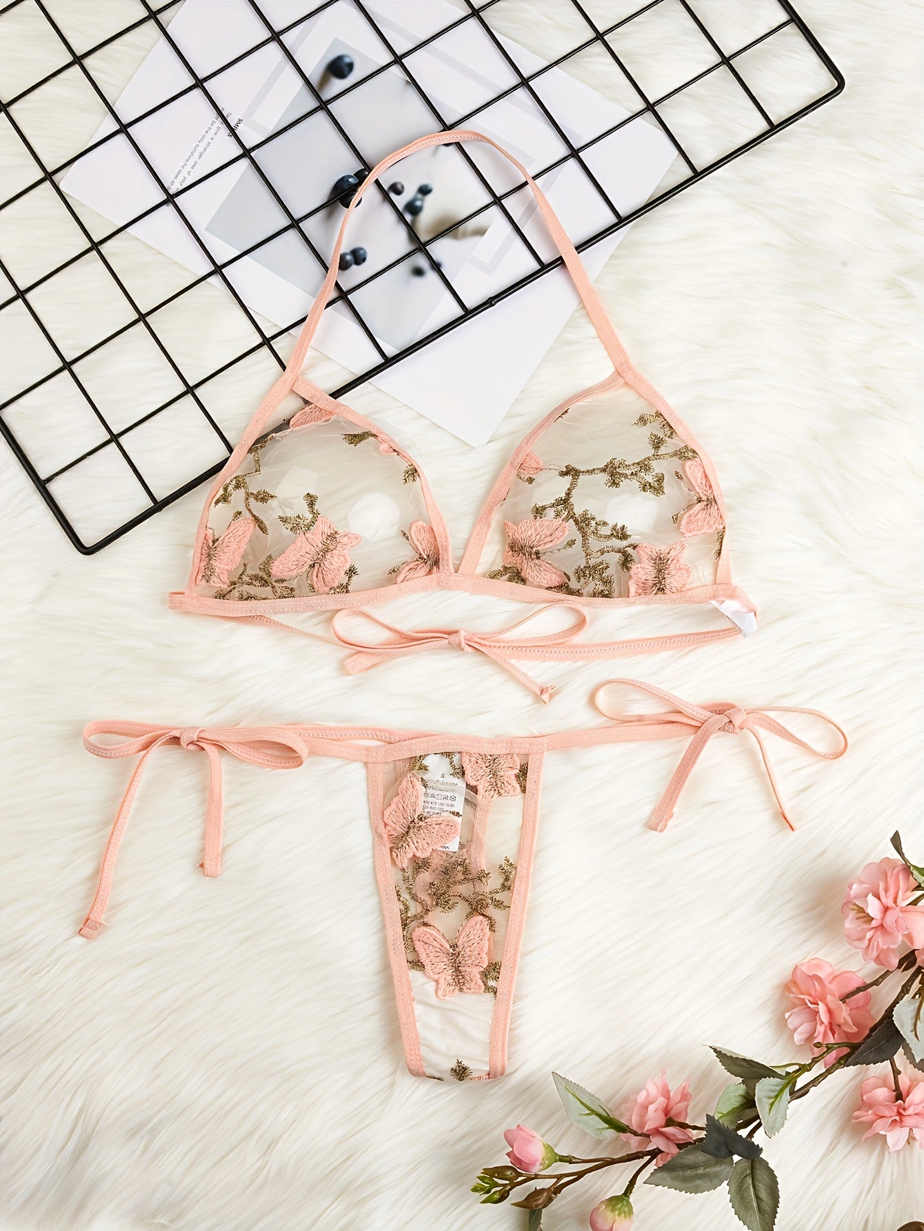 Butterfly embroidery lingerie set for women with transparent straps