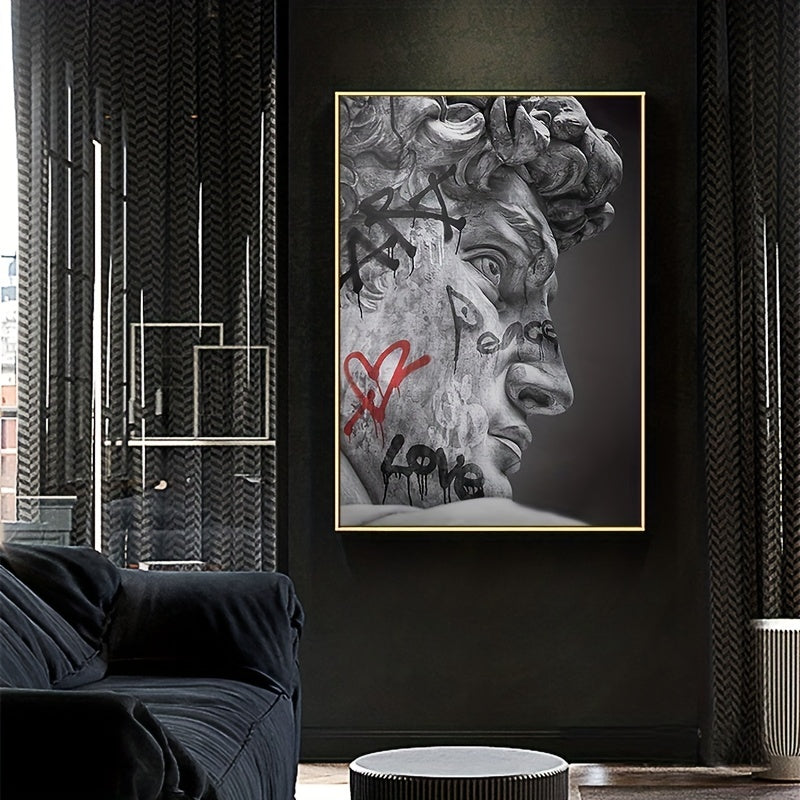 Modern gray wall art print of Michelangelo's David with graffiti and heart accents for living room, bedroom, or office décor.