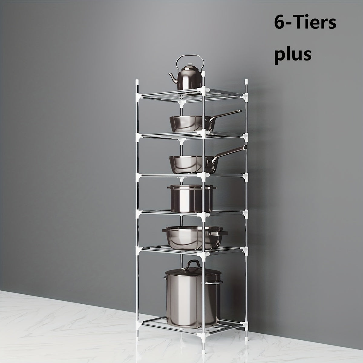 Multi-tier stainless steel storage shelf, ideal for organizing kitchen, bathroom, balcony, and rest room. Perfect for storing cookware, tableware, oven, microwave oven, and basin.