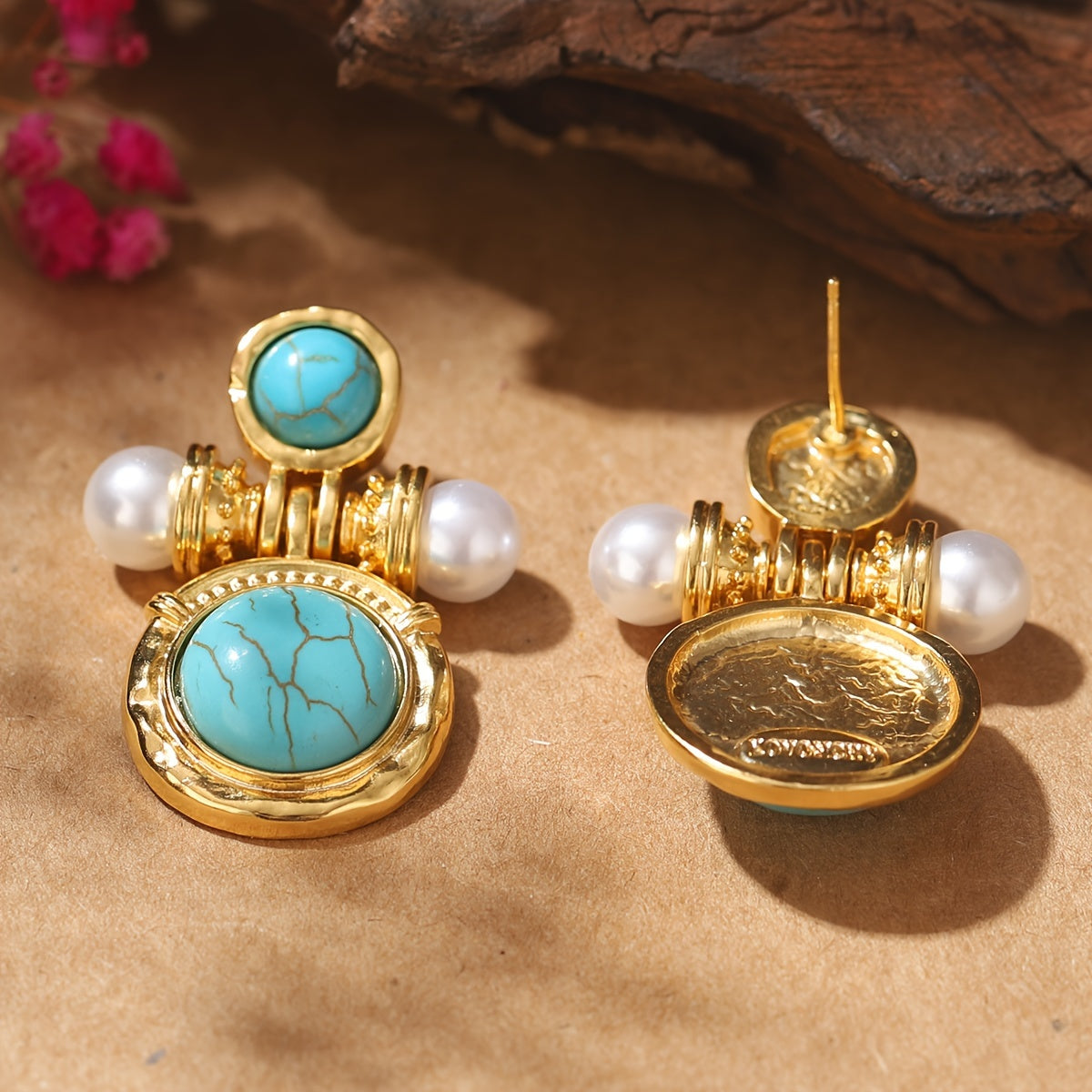 Elegant Bohemian Turquoise Pearl Earrings: Featuring 18K Gold Plating on an Alloy Base with Silver Earwires, Perfect for Everyday Wear and Special Occasions