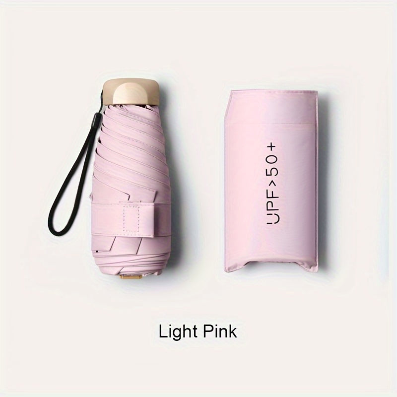 Mini folding umbrella with 6 ribs and durable aluminum alloy handle/frame, manual open/close, stylish and portable, suitable for sun and rain. Available in pink, blue, white, and gray. Cute