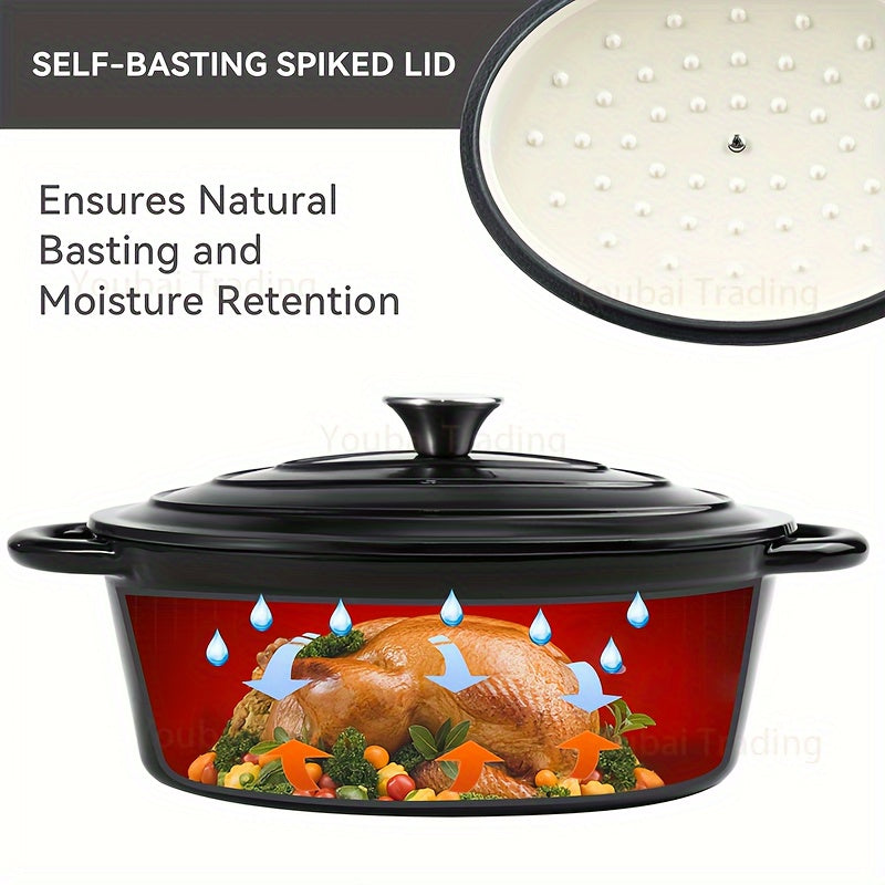 Durable Enamel Oval Dutch Oven Featuring a Self-Basting Lid - Nonstick Design Made from Cast Iron for Versatile Cooking and Baking. Multipurpose Casserole Dish with Convenient Double Handles, Resistant to Scratches and Simple to Maintain and Clean.