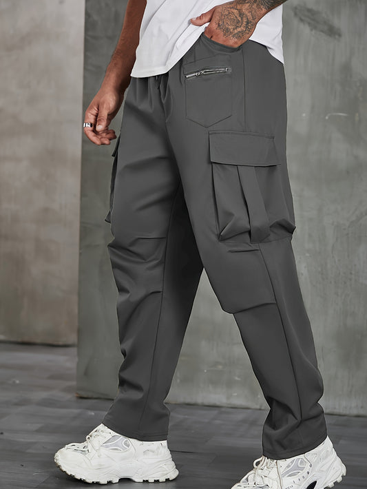 Men's solid cargo pants in plus sizes for spring and fall outdoor sports.