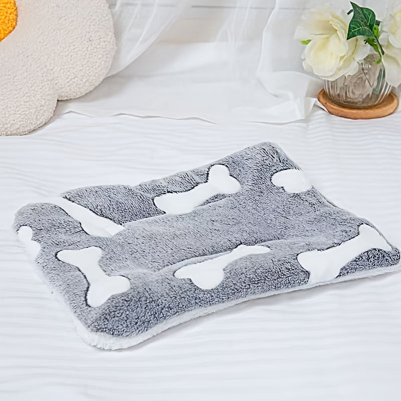 Dual-side pet sleep mat with grey bone pattern. Cute design. Machine washable. Suitable for all breeds.