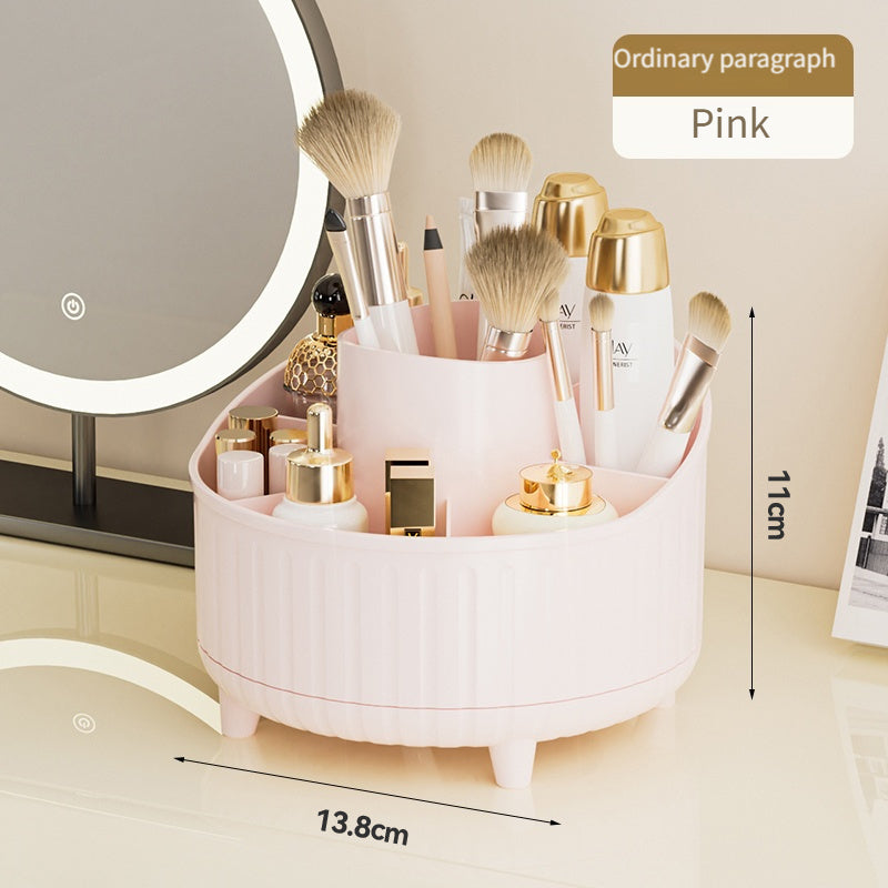 Stylish minimalist desktop makeup organizer rotates 360° with large capacity, 3 color options, and sturdy golden base. Holds lipsticks, lotions, pencils, and brushes with 7 large slots for