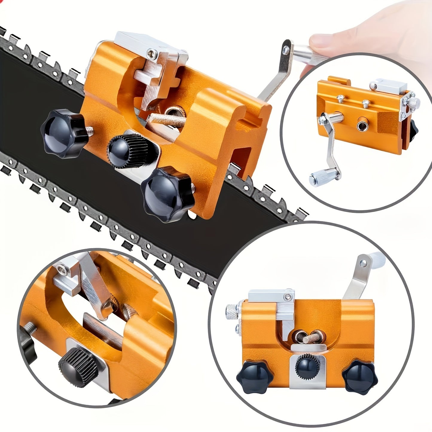 Hand-crank chainsaw sharpener for blades 20.32-55.88cm, ideal for outdoor equipment.