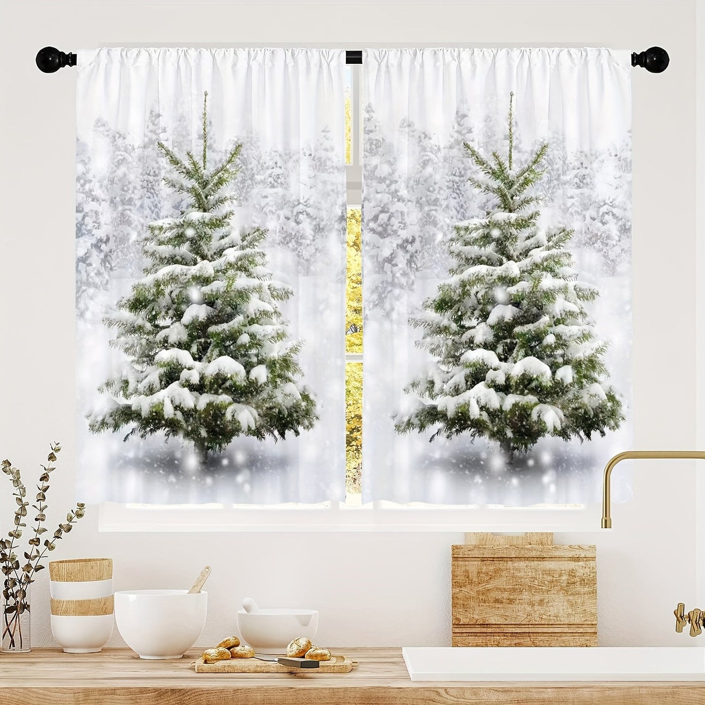 Set of 2 Christmas Green Cafe Curtain Tiers with Pine Tree and White Snow Design, Washable Polyester Material, Soft Curtains for Living Room, Office, Kitchen, and Home Decor