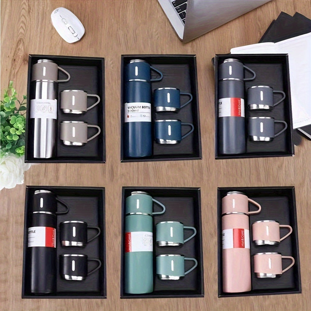 1 set of vacuum insulated water bottles with 3 cup lids for hot and cold beverages, ideal for summer and winter drinkware, perfect as Christmas or business gifts.