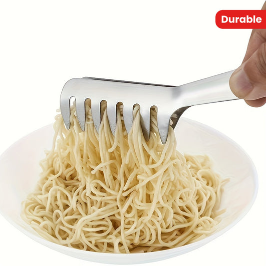 Durable stainless steel pasta tongs for restaurant and home use.