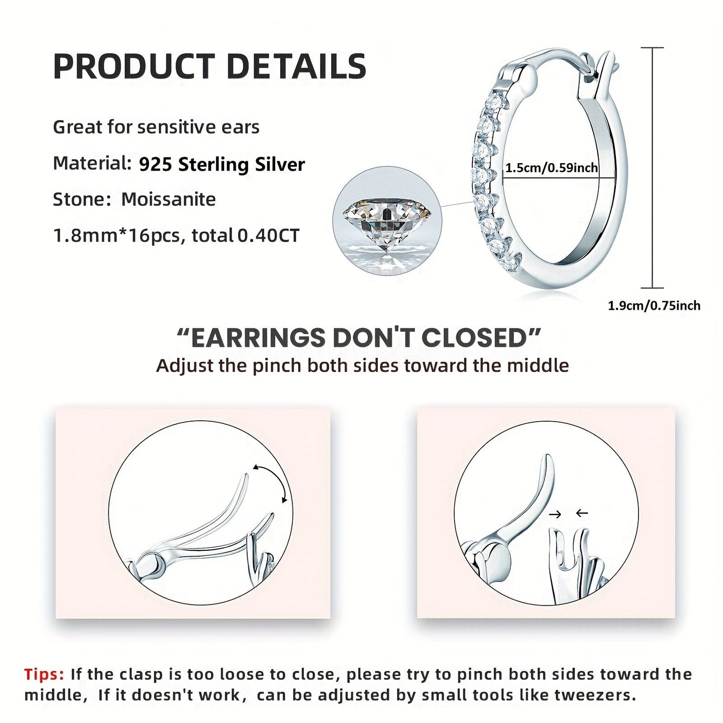 These elegant earrings are crafted from 925 sterling silver and feature a pair of round Moissanite stones. Each earring weighs approximately 3.94g and is adorned with 16 pieces of 1.8mm Moissanite stones, totaling 0.4 carats per pair. Perfect for adding