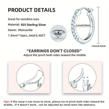 These elegant earrings are crafted from 925 sterling silver and feature a pair of round Moissanite stones. Each earring weighs approximately 3.94g and is adorned with 16 pieces of 1.8mm Moissanite stones, totaling 0.4 carats per pair. Perfect for adding