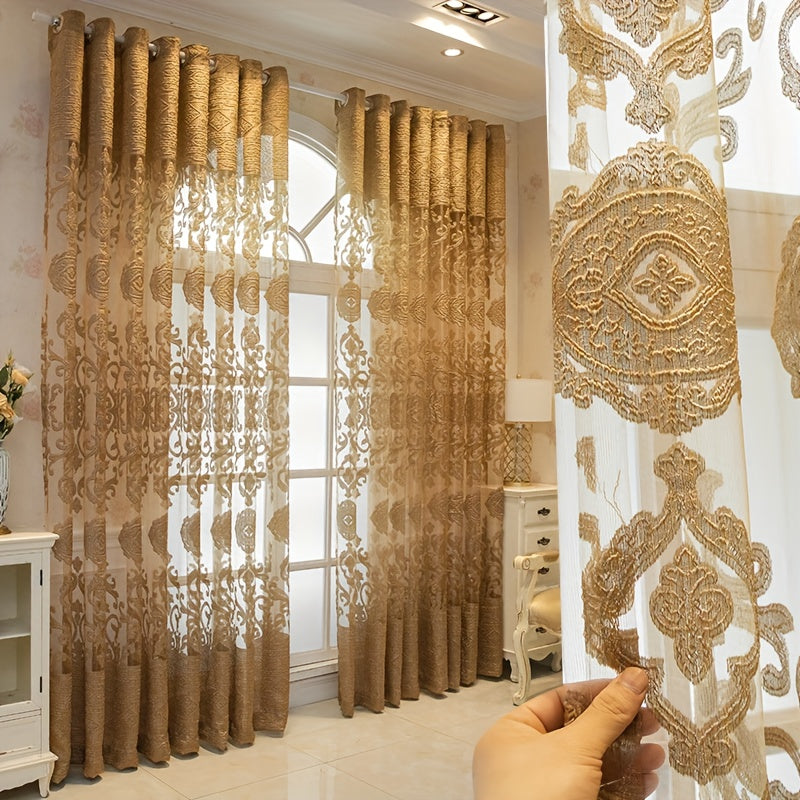 Set of 2 European-inspired Golden Jacquard Curtains with Grommet Top, perfect for adding a touch of elegance to your Living Room, Bedroom, Study, Dining Room, Balcony, Office, and other areas of your home.