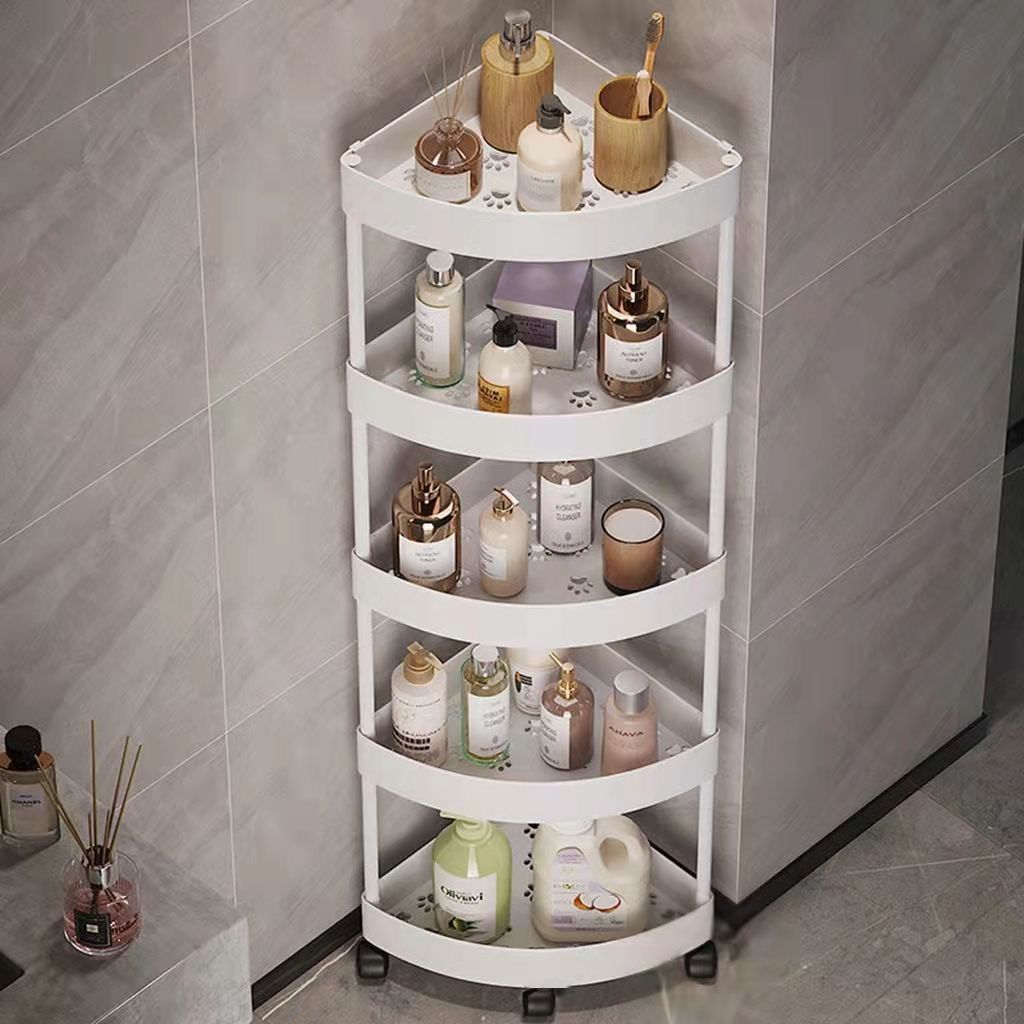 5-Tier corner bathroom shelf in plastic with ash finish and no golden pipes, a space-saving essential for your bathroom.