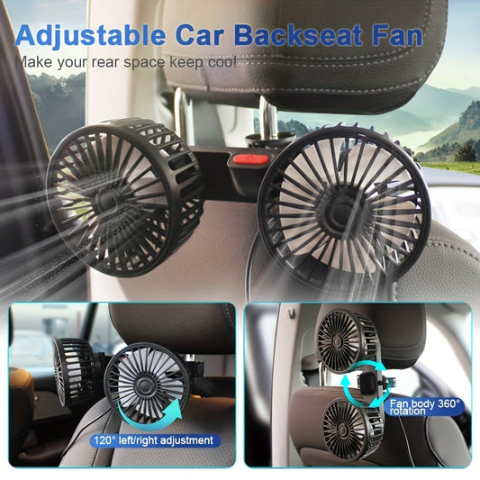 Dual Head USB Car Seat Fan, 360° Rotatable Car Fan for Backseat, Powerful Air Circulation Fan with Adjustable Clip for SUVs, RVs, and Vehicles