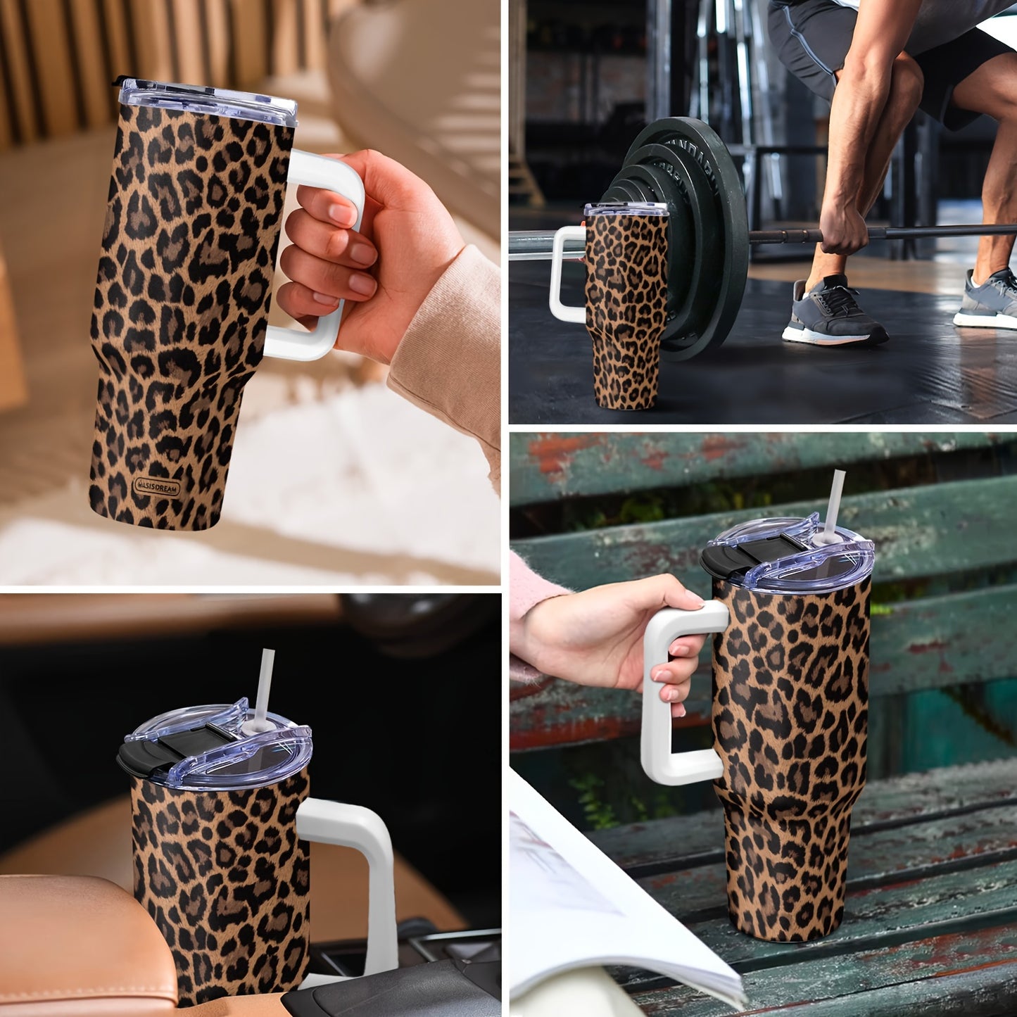 Adiffly 40oz Stainless Steel Tumbler with Handle, Lid, Straws - BPA-Free Double-Wall Vacuum Mug - Leopard Print - Maintains Temperature for Hours - Hand Wash Only - Cup Holder Compatible