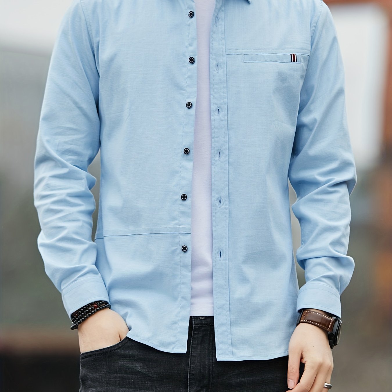 Men's Solid Long Sleeve Button Up Shirt for Daily Wear, Spring/Fall Outdoor Fashion