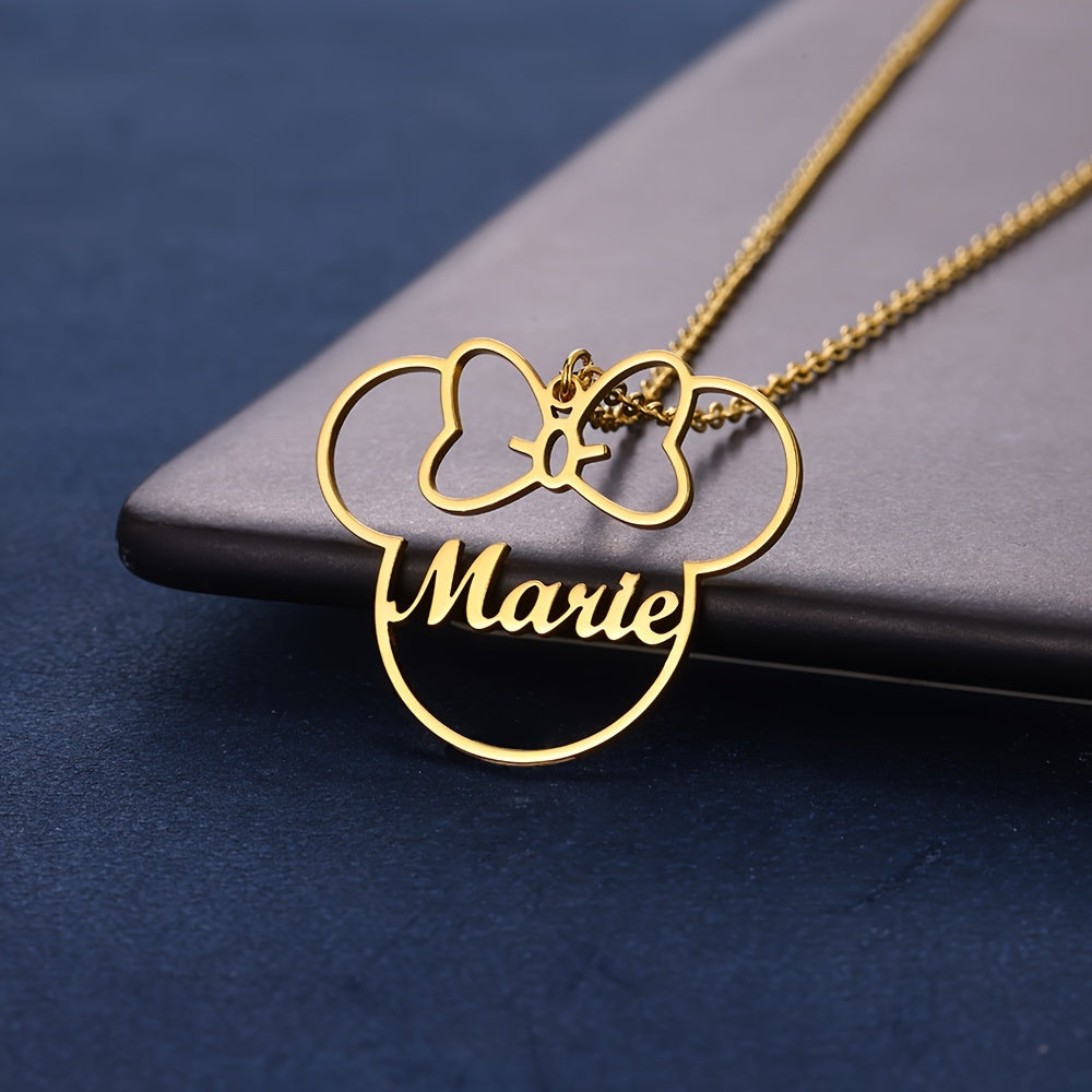 Personalized Women's Pendant Necklace - Beautiful Cartoon Style with Custom Name and Bow Design, Made of 304 Stainless Steel, Customizable Necklace with Butterfly Bow Pendant