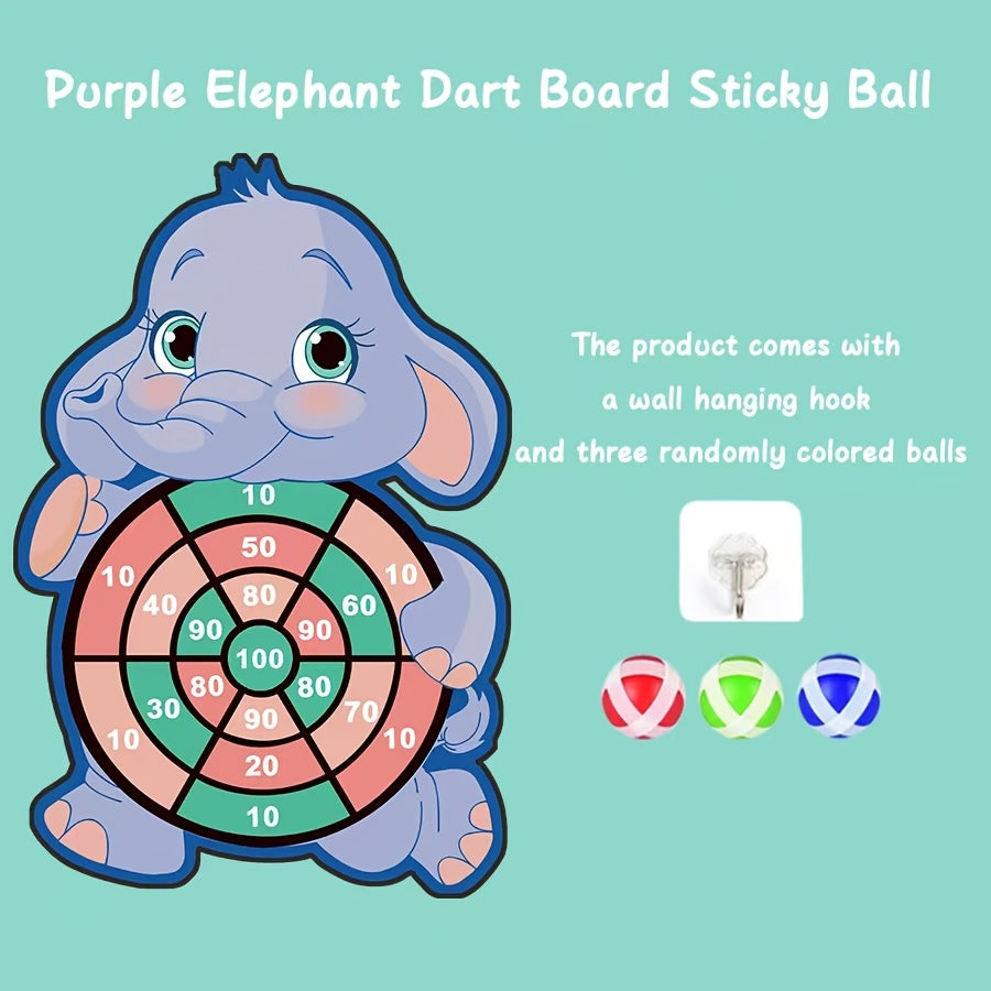 Elephant-shaped sticky dart board game set for ages 3+, includes hook and 3 sticky balls. Perfect family interactive play and birthday gift in polyester material, blue and purple.