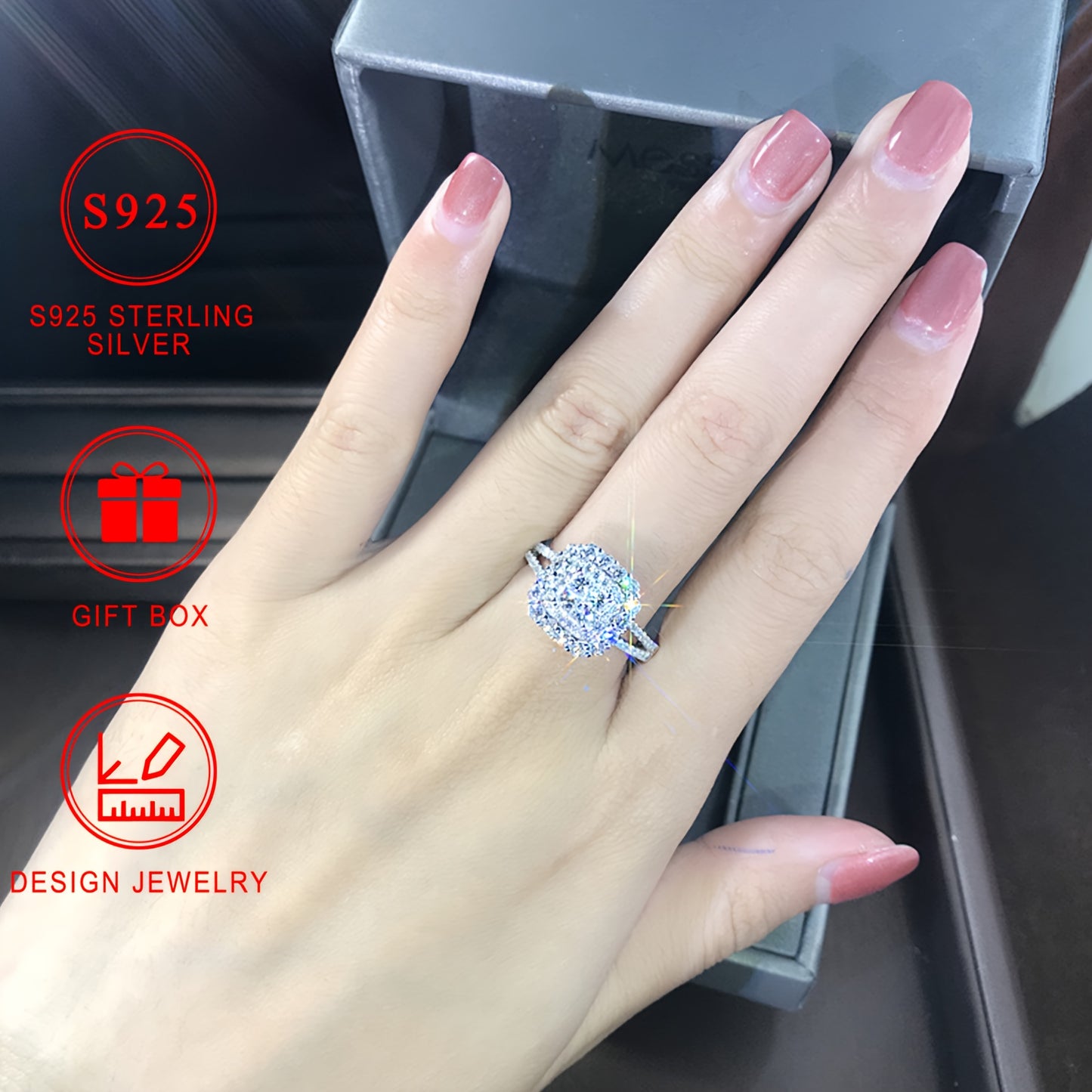 925 Sterling Silver Square Synthetic Zirconia Ring for Women, ideal for engagement, wedding, or everyday wear. High-quality jewelry with a gift box.