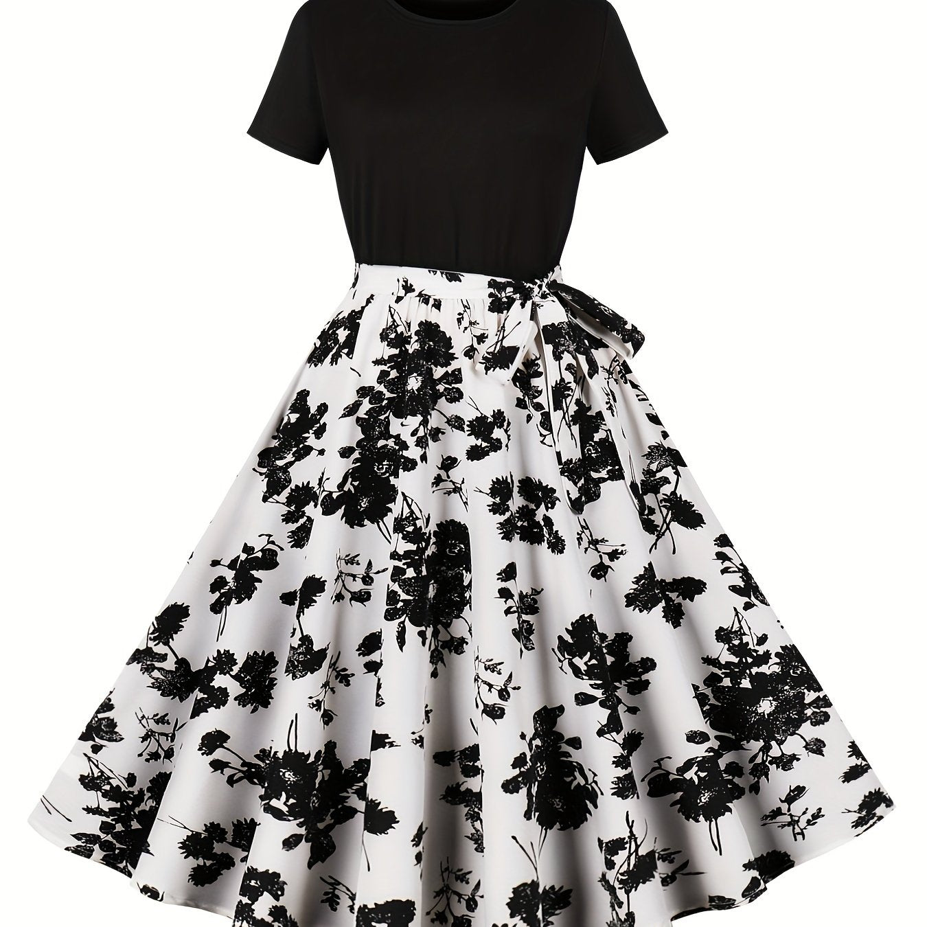 Floral print crew neck dress, perfect for spring and summer with elegant short sleeves and belt.