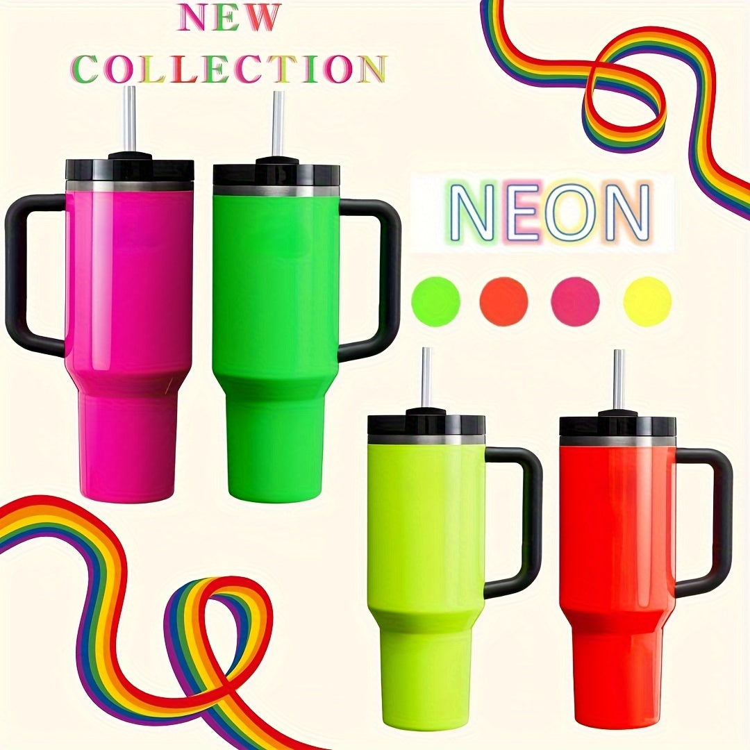 Neon stainless steel tumbler with straw & handle, 40oz - Insulated, BPA-free for outdoor activities, travel, & parties - Stylish colors