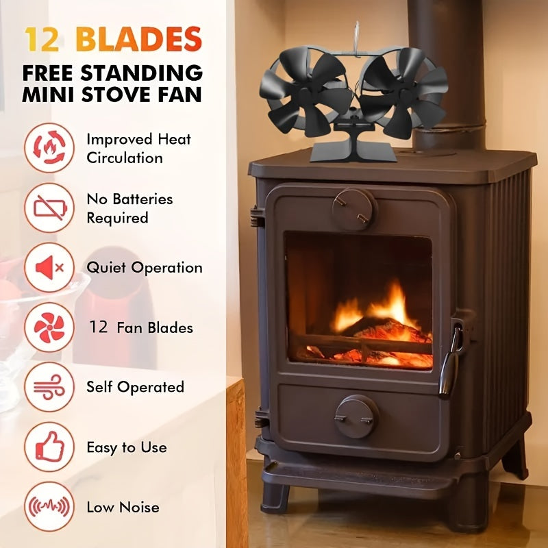 Polished Aluminum Wood Stove Fan with 12 Blades for High-Speed Air Circulation, No Electricity Required - Compatible with Wood, Gas, Pellet, and Log Fireplaces, Comes with Multiple Components