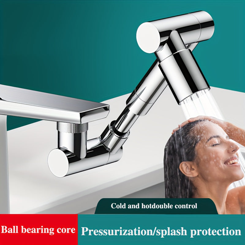 Universal rotating faucet made of 304 stainless steel with a 360° rotation tap, two water adjustment modes, splash-proof, and comes with two 60cm explosion-proof inlet hoses.