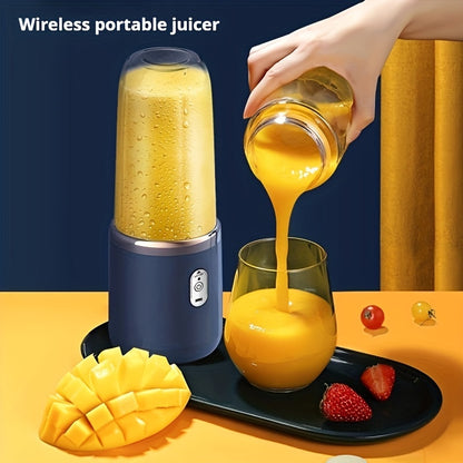 Portable cordless juicer with 2 cups, USB rechargeable, six-blade design for fast juicing, ideal for home, kitchen, and travel.