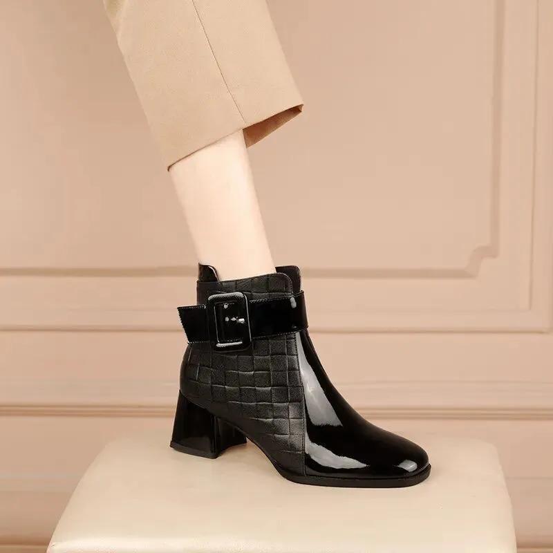 Stylish ankle boots with chunky heel, retro buckle design, side zipper, and comfortable PU cover.